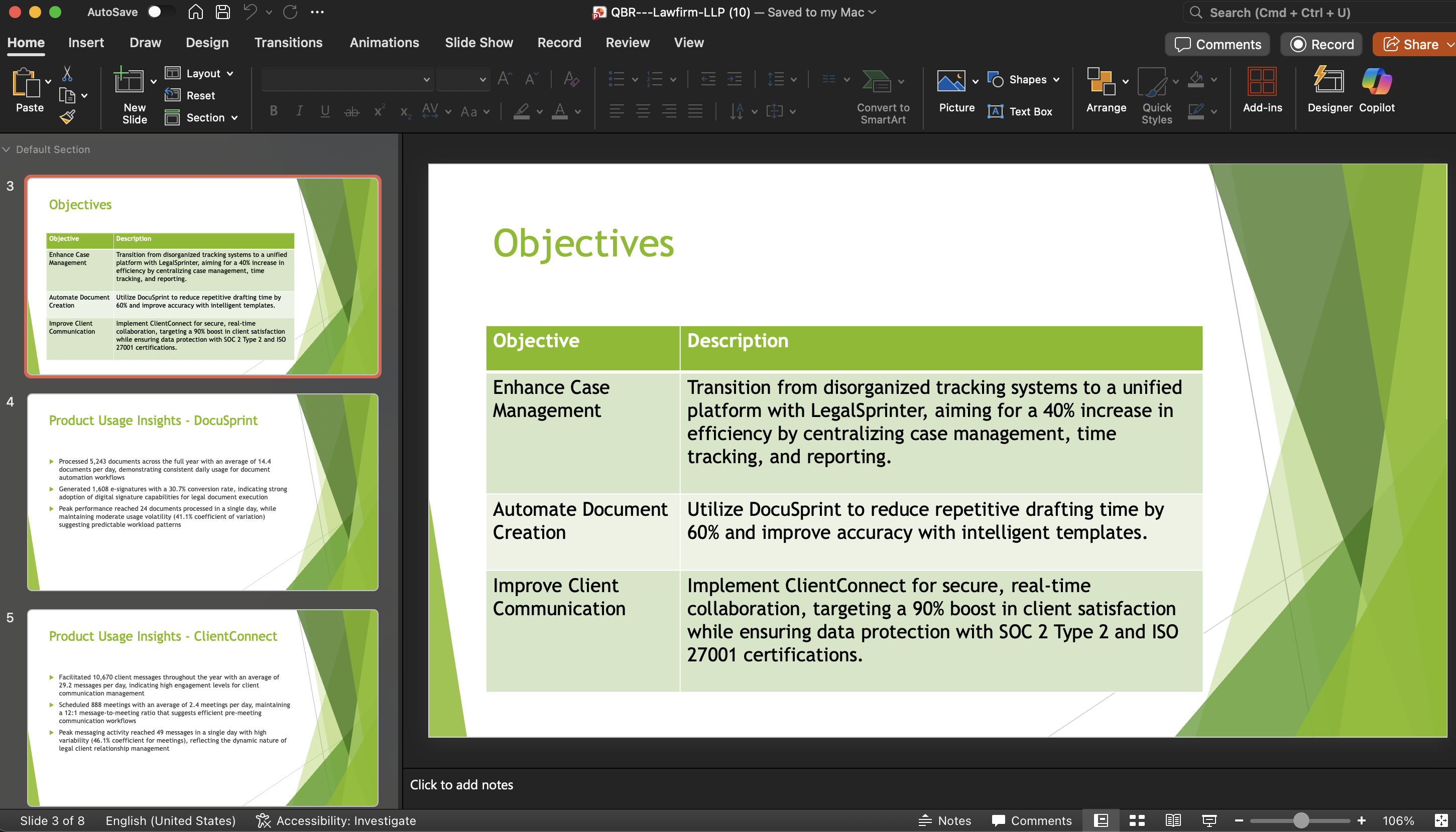 Generated QBR deck preview showing branded template with filled data
