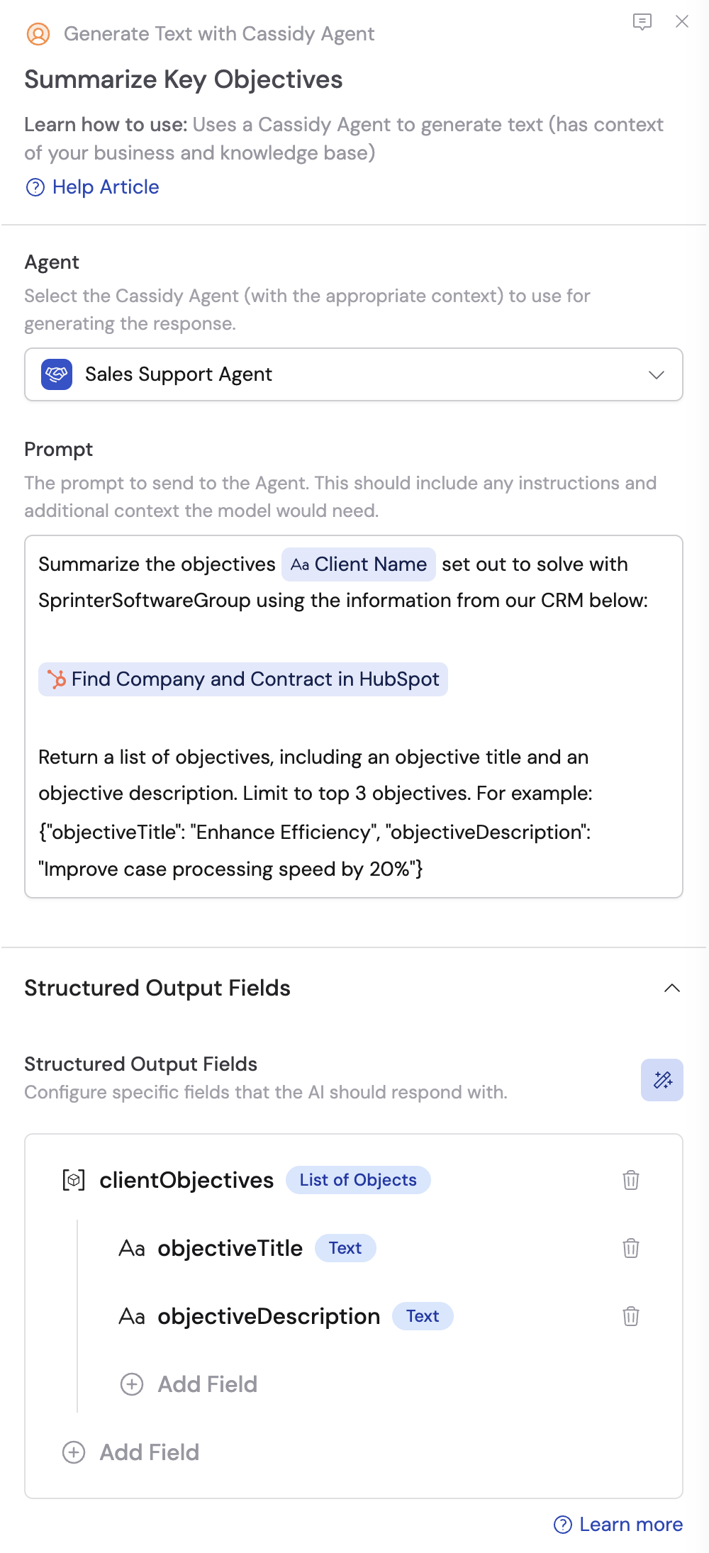 Structured output fields producing variables for a template