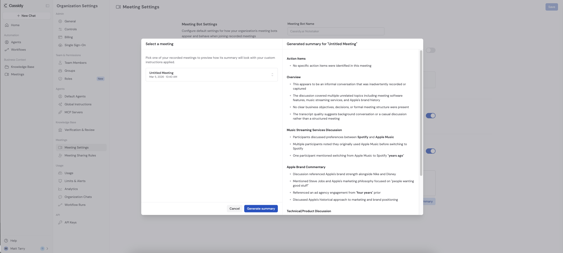 Previewing a meeting summary generated with custom instructions