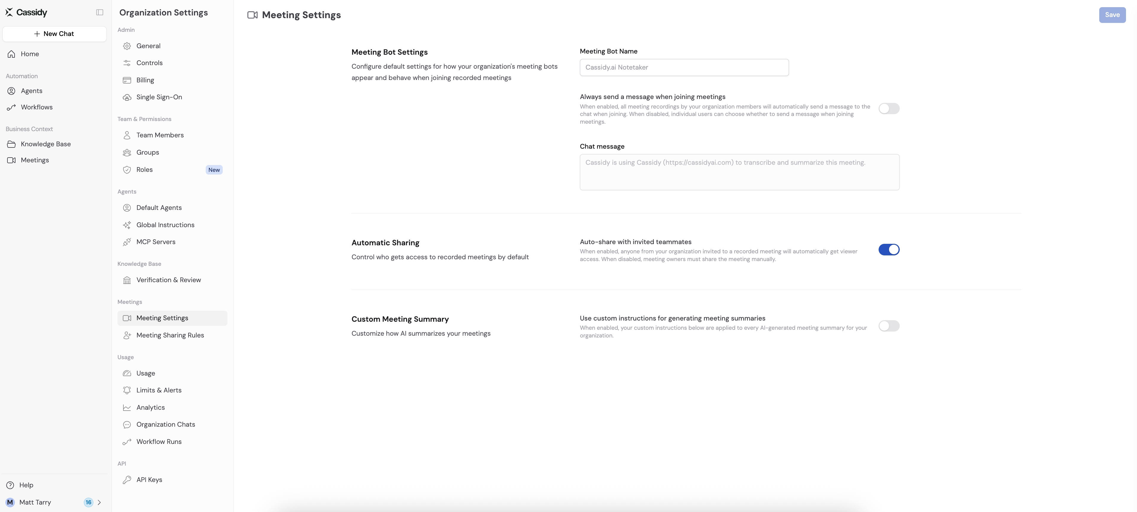 Custom Instructions input field on the Meeting Settings page