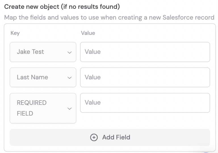 Field mapping for creating a new record when no match is found