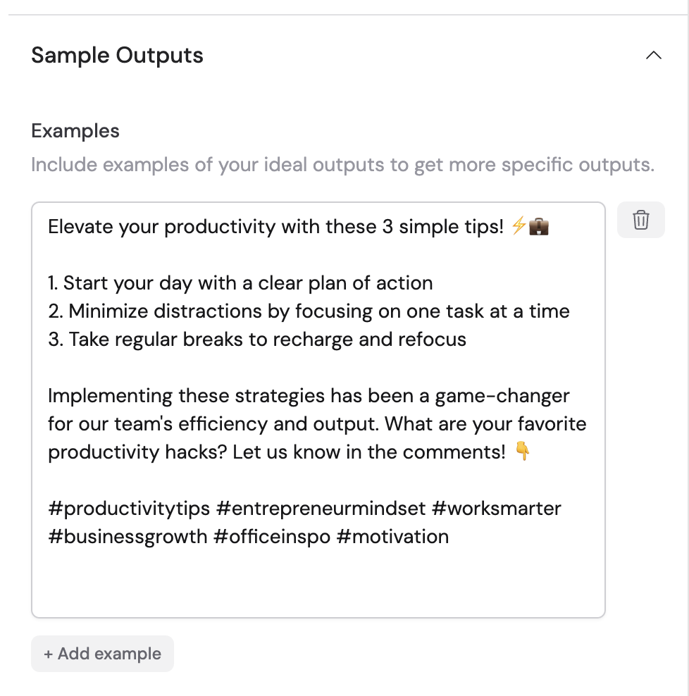 Sample Outputs tab with example entries