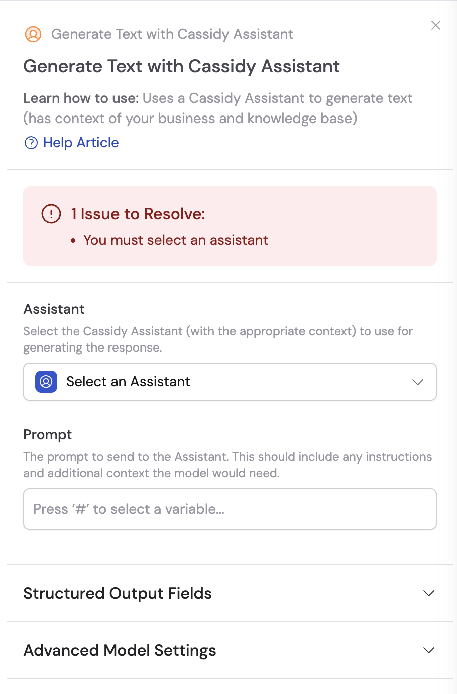 Adding the Generate Text with Cassidy Agent action between blocks