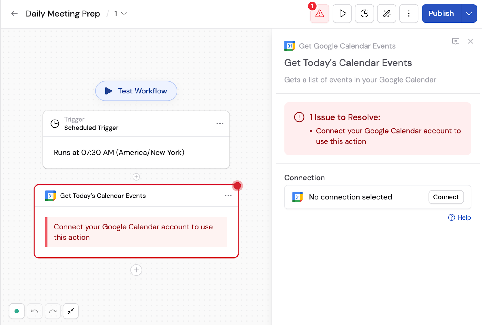Connecting Google Calendar in the Get Events action