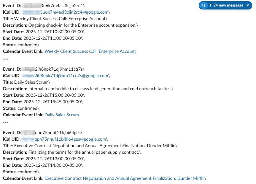 Sample Slack message with daily meeting prep summaries