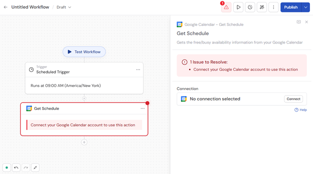 Connecting Google Calendar in the Get Schedule action
