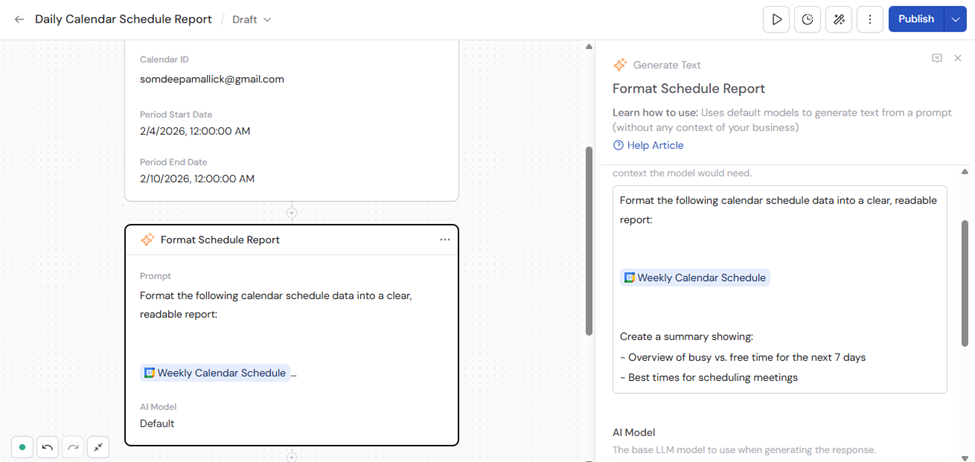 Generate Text action formatting calendar schedule into a report