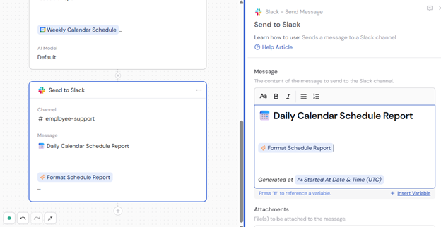 Send Slack message action with formatted schedule report
