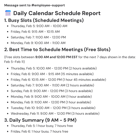 Sample output showing calendar availability data