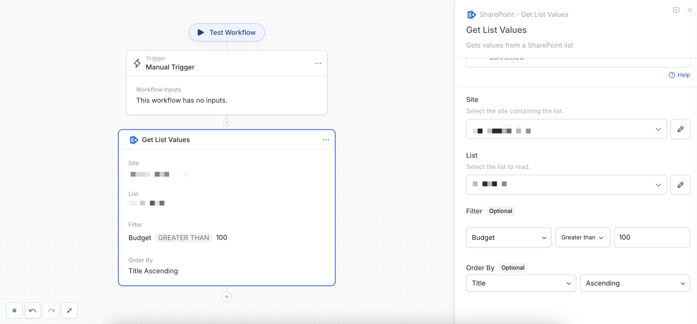 Get List Values Action configured to filter SharePoint list rows by budget and sort them by title