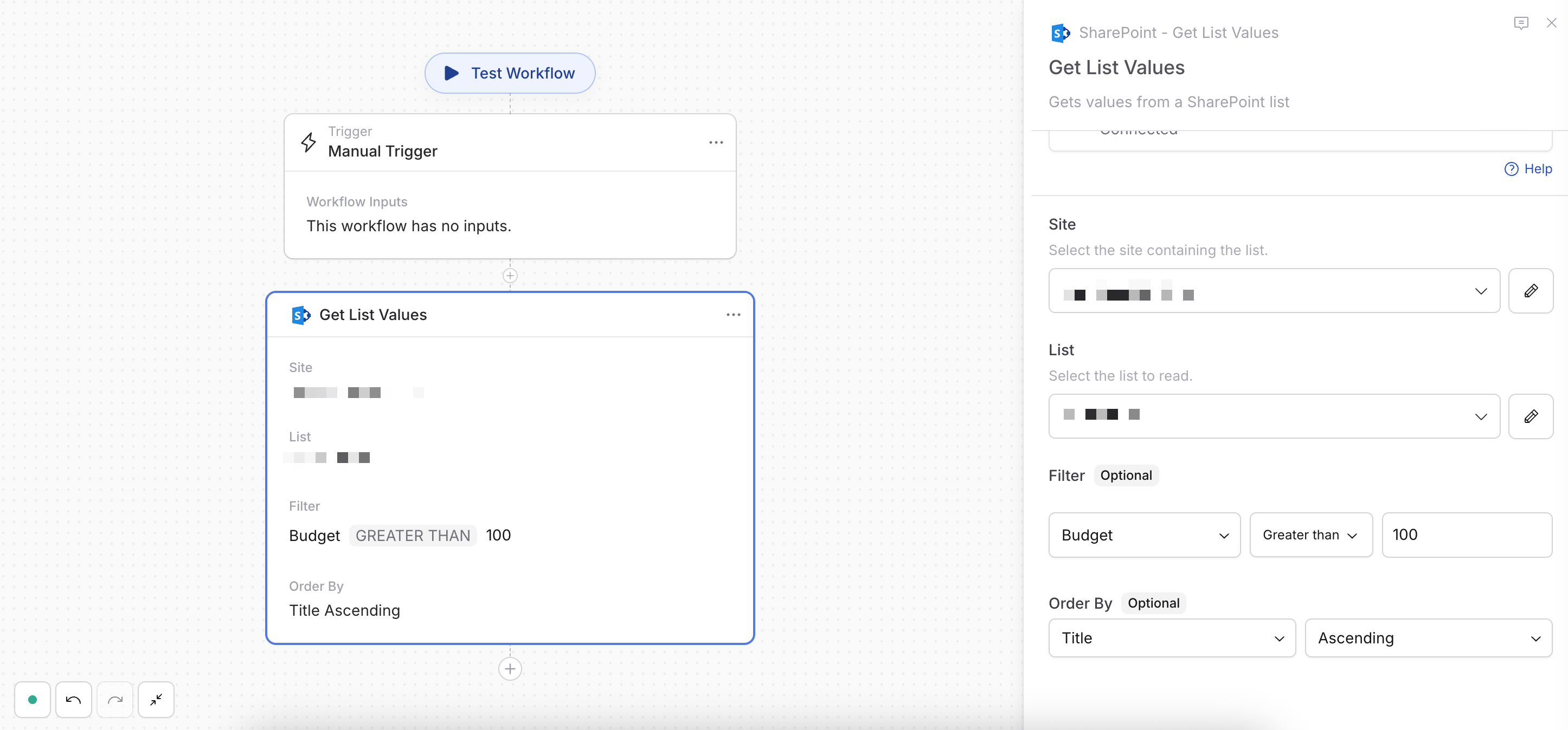 Get List Values Action configured to filter SharePoint list rows by budget and sort them by title