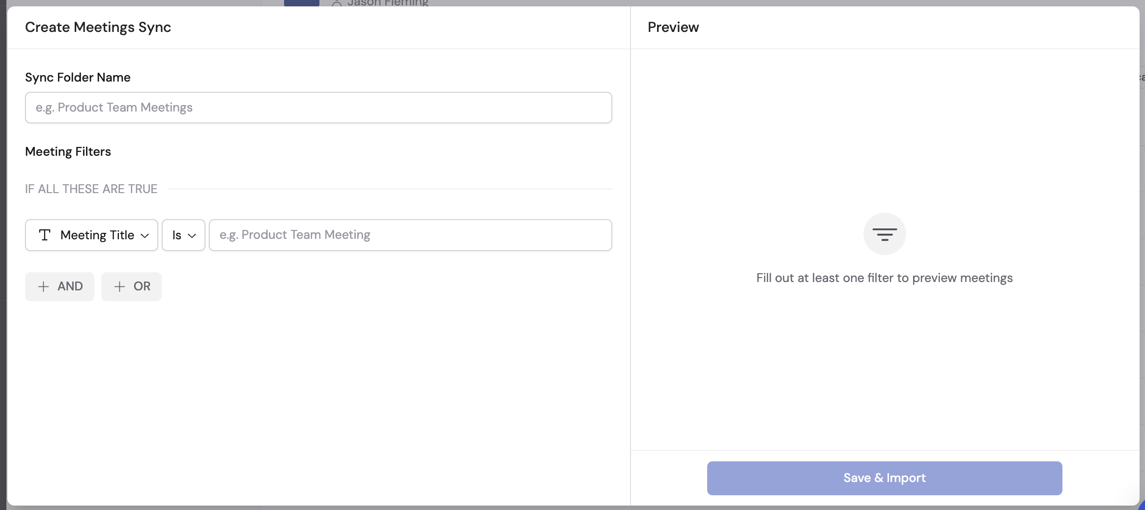 Dropdown menu showing the Meetings import option