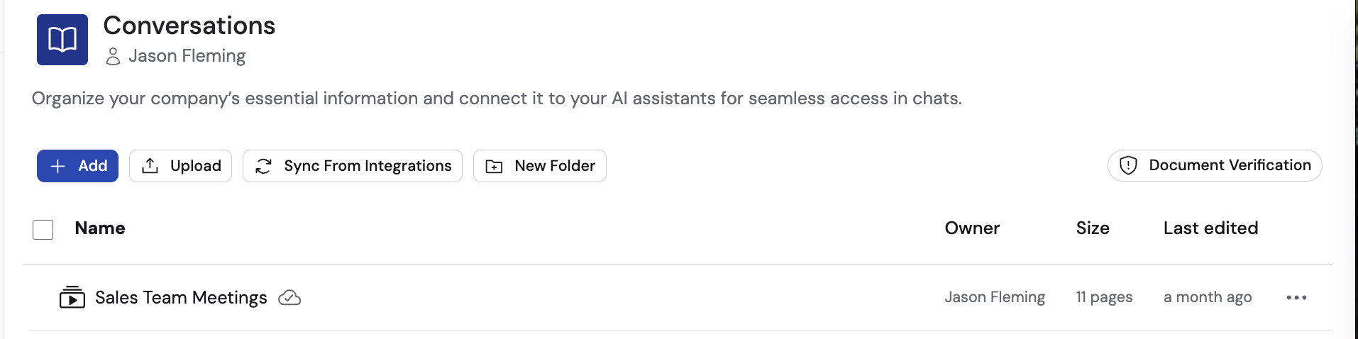 Knowledge Base showing imported meetings folder