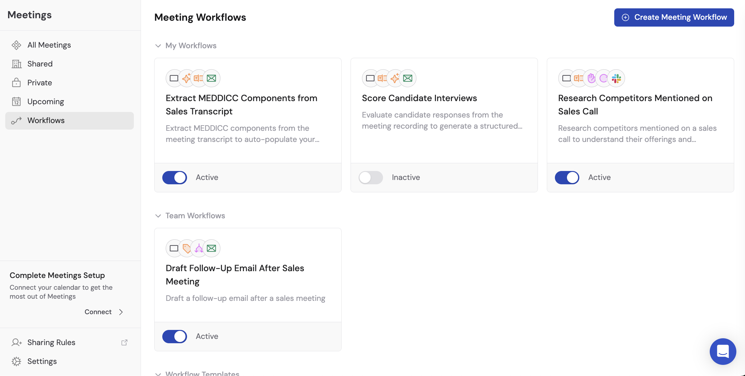 Meetings Workflows tab showing My Workflows and Team Workflows sections with toggle switches