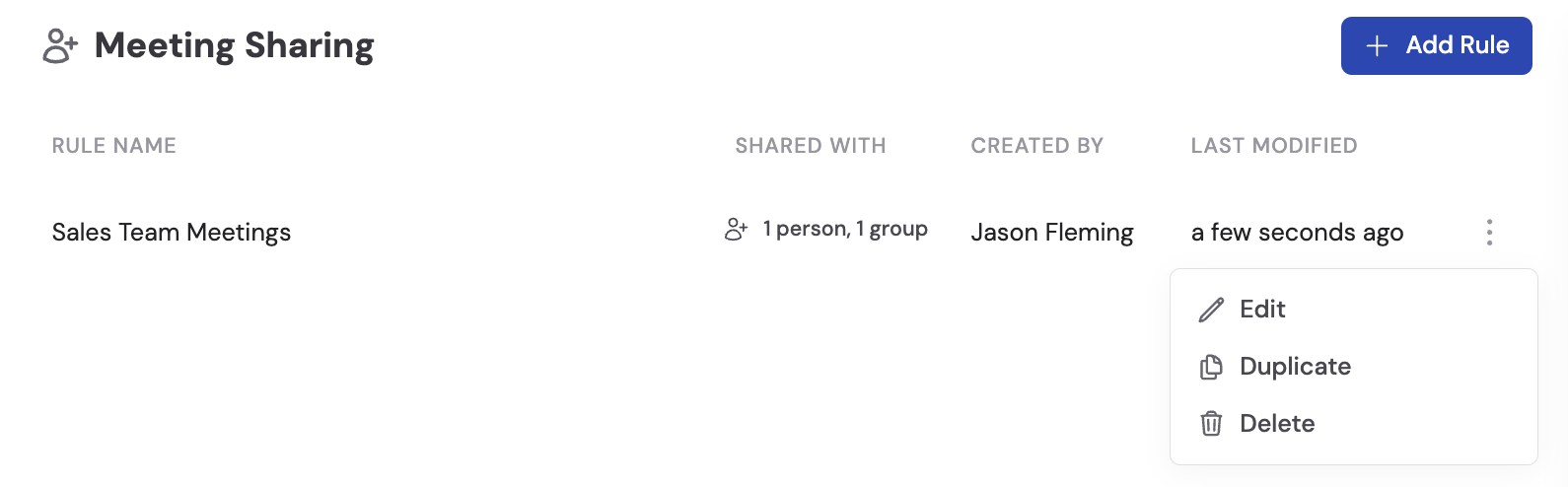 Sharing rules list with the three-dot menu expanded showing Edit, Duplicate, and Delete options