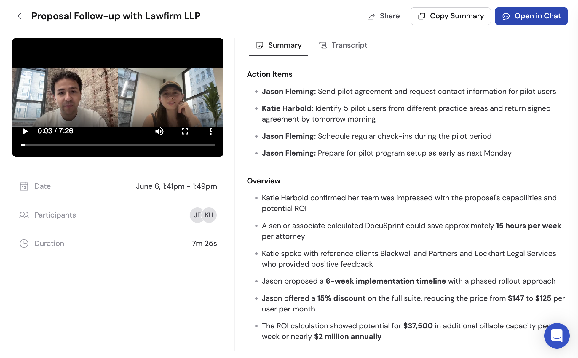Meeting detail page showing date, participants, duration, and recording playback