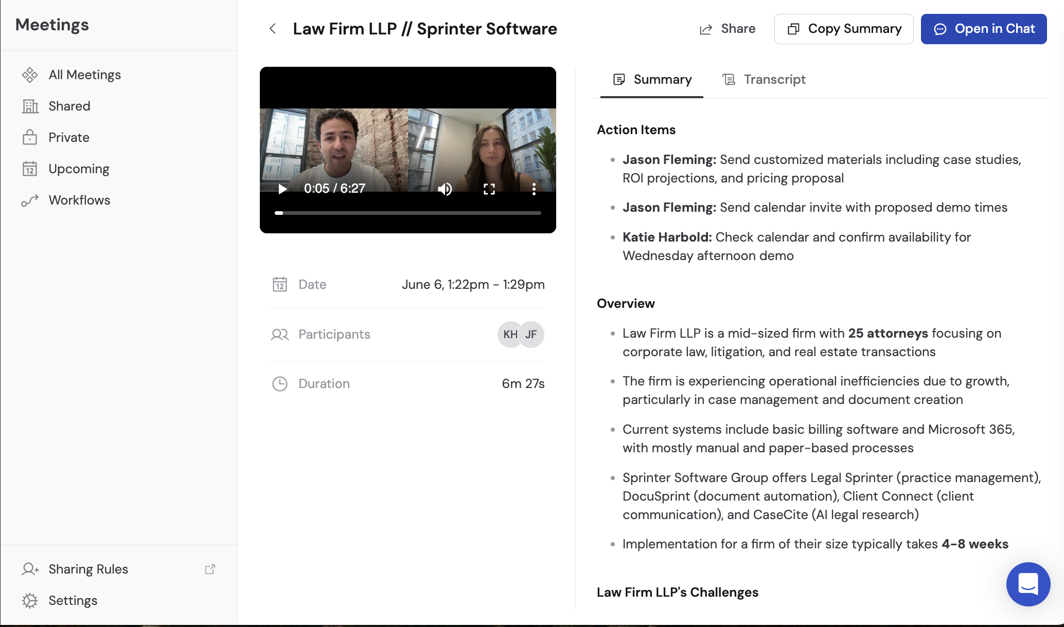 Meeting detail page with the Open in Chat button visible