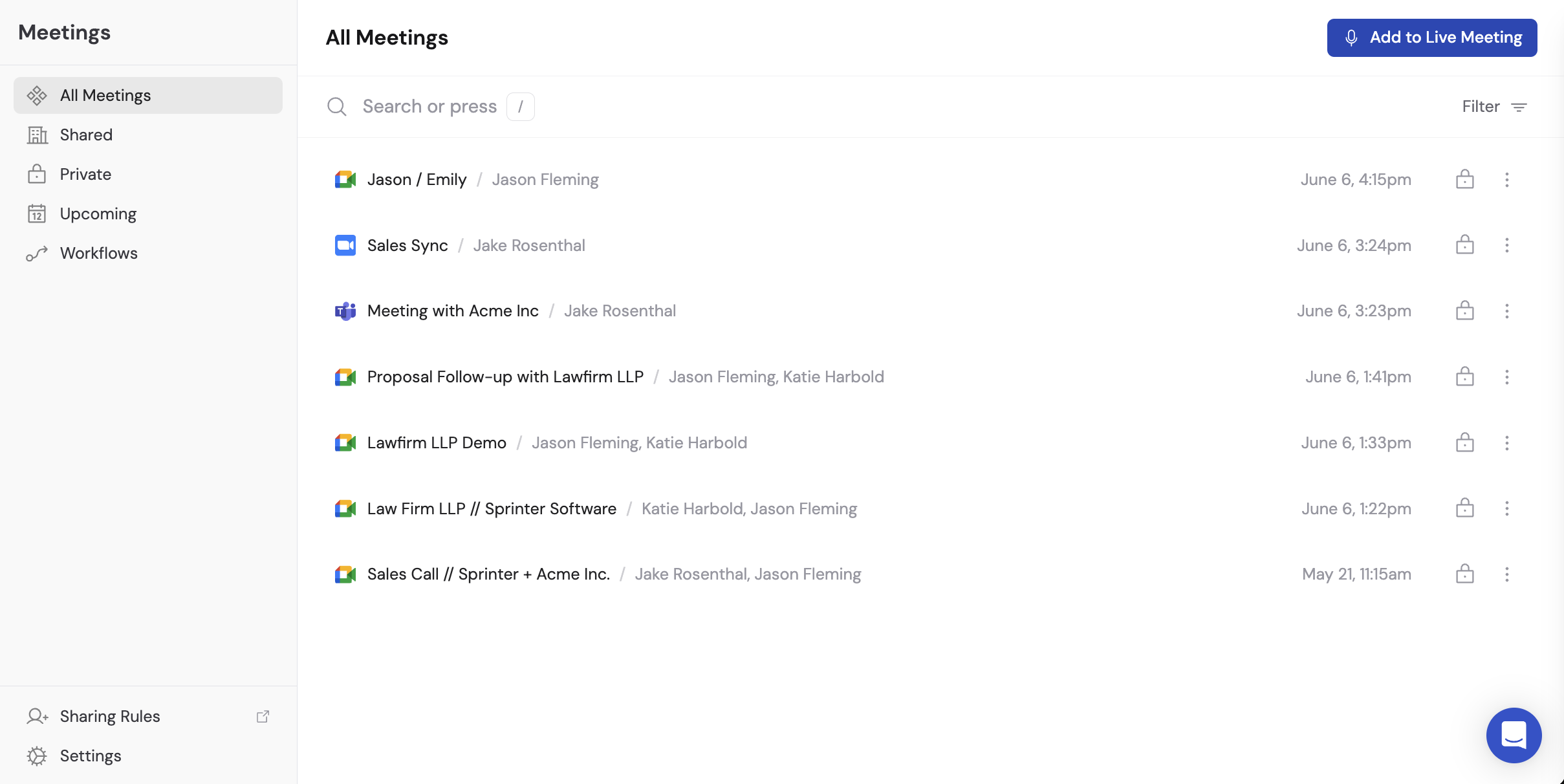 Meetings list page with search bar and tab filters for All Meetings, Shared, and Private