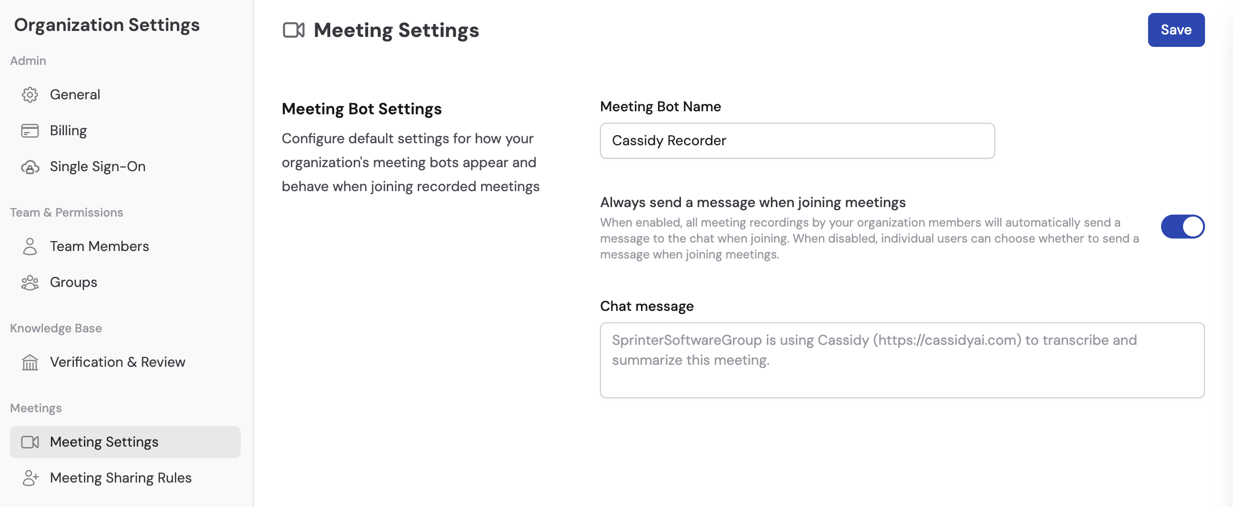 Organization Settings page with Meeting Settings tab selected