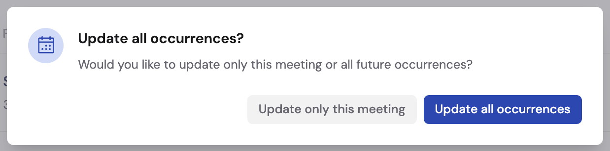 Recurring meeting dialog showing options to update one or all occurrences