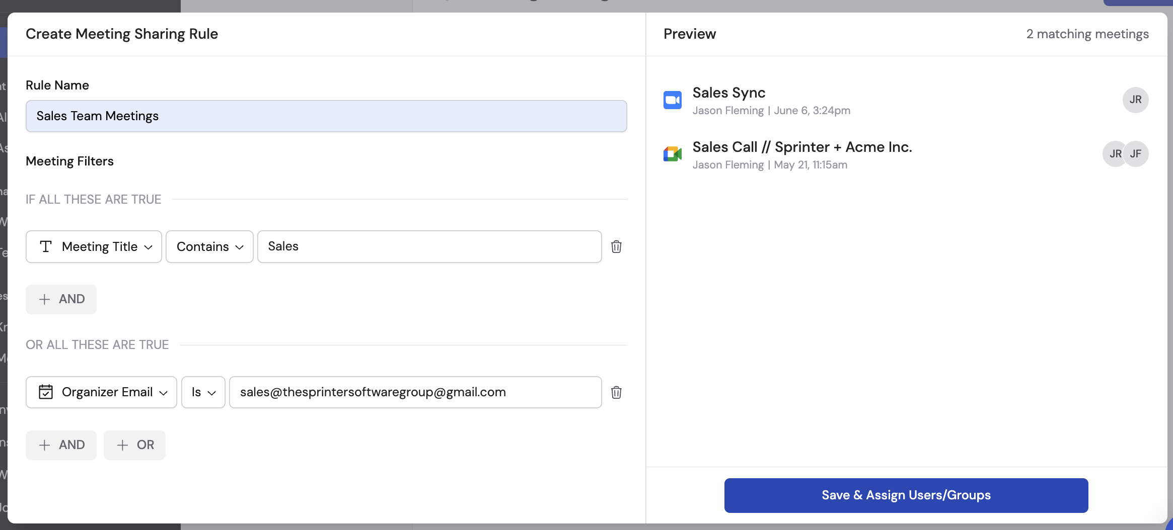 Preview of matching meetings with the Save and Assign button