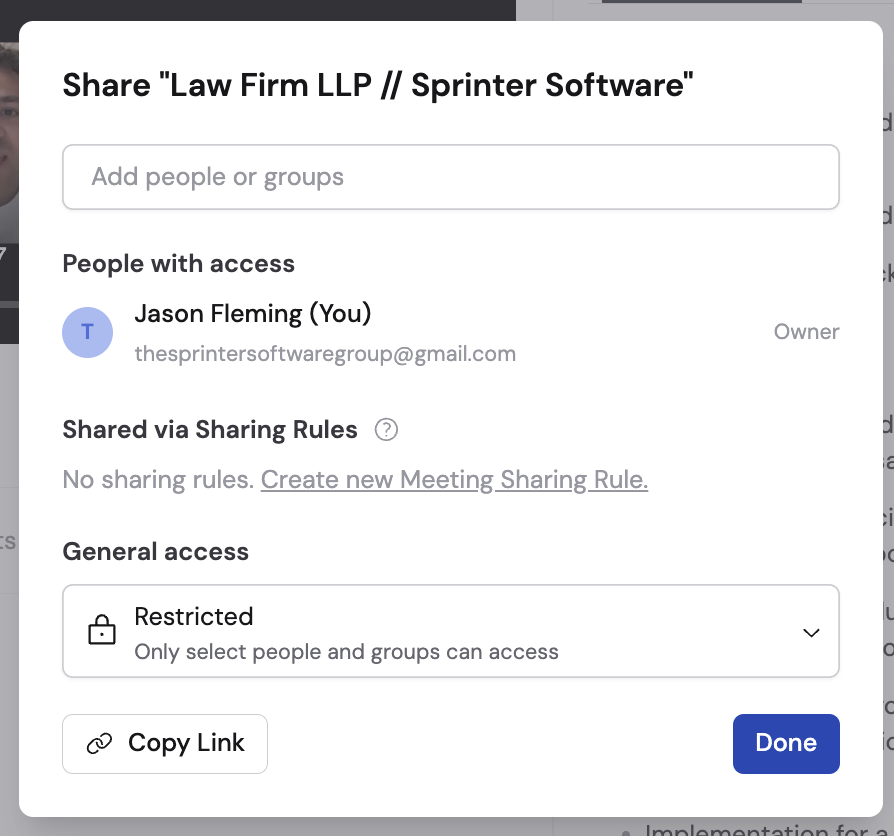 Meeting share dialog showing access settings