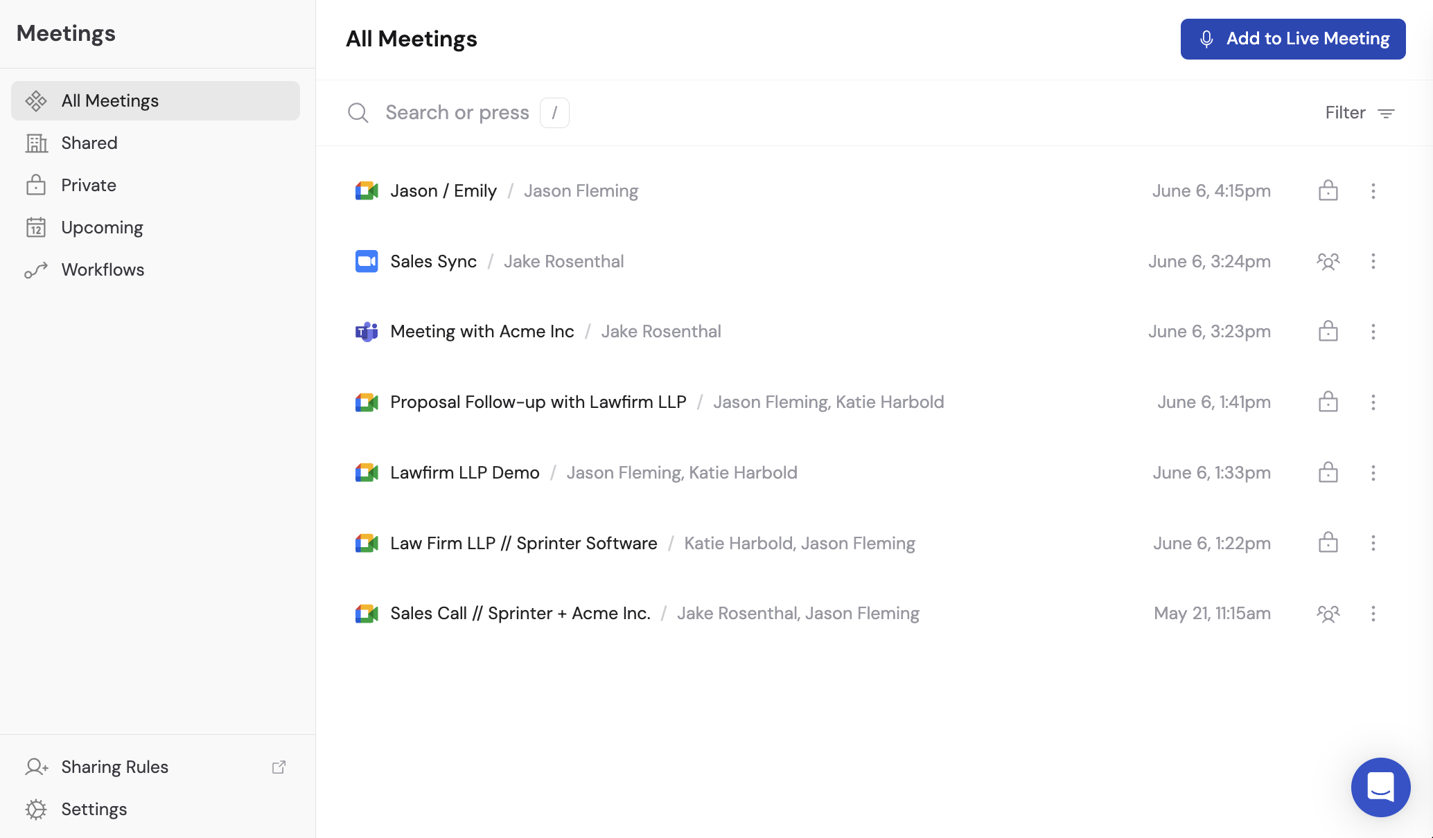 Meetings list with a meeting record selected