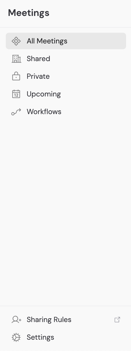 Meetings page showing the Sharing rules button in the sidebar