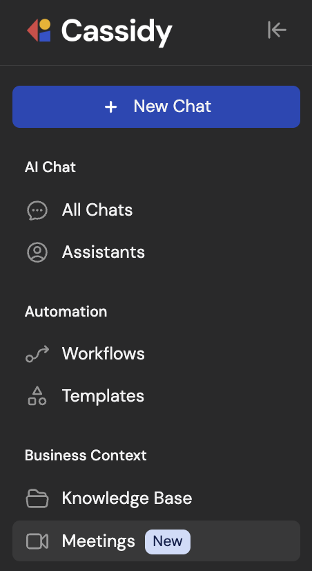 Cassidy left sidebar with the Meetings tab highlighted