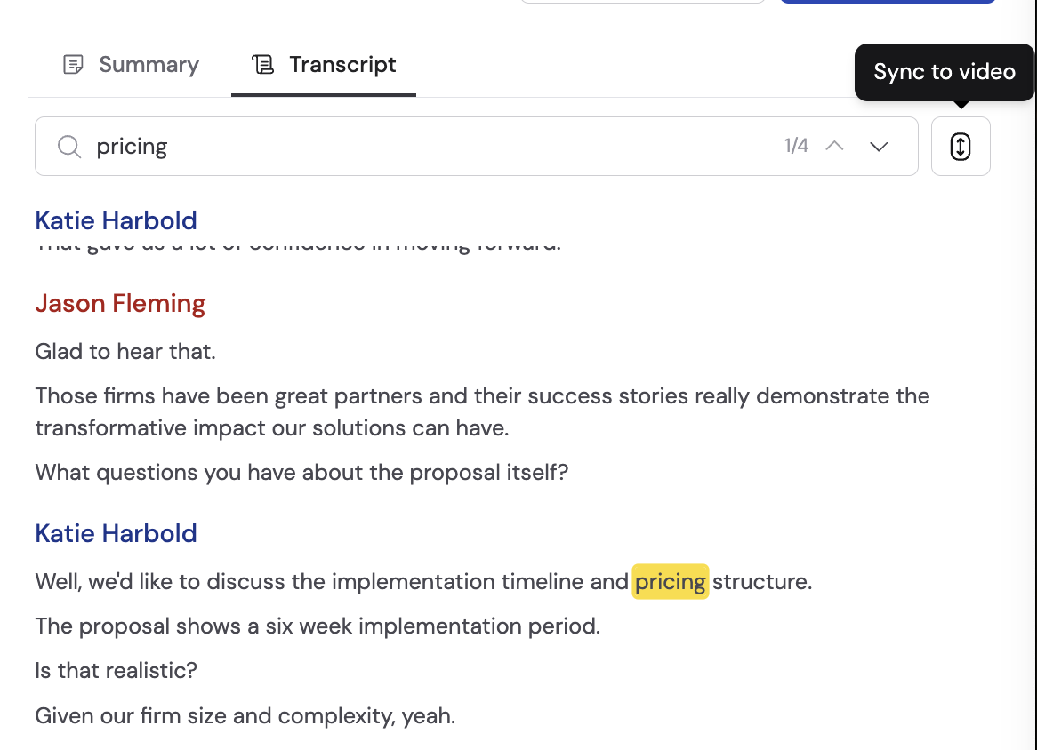 Transcript tab showing speaker-labeled text with search bar and sync to video button