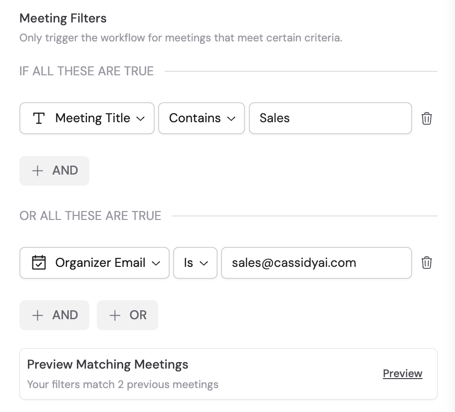 Meeting filter configuration with AND/OR conditions and filter criteria