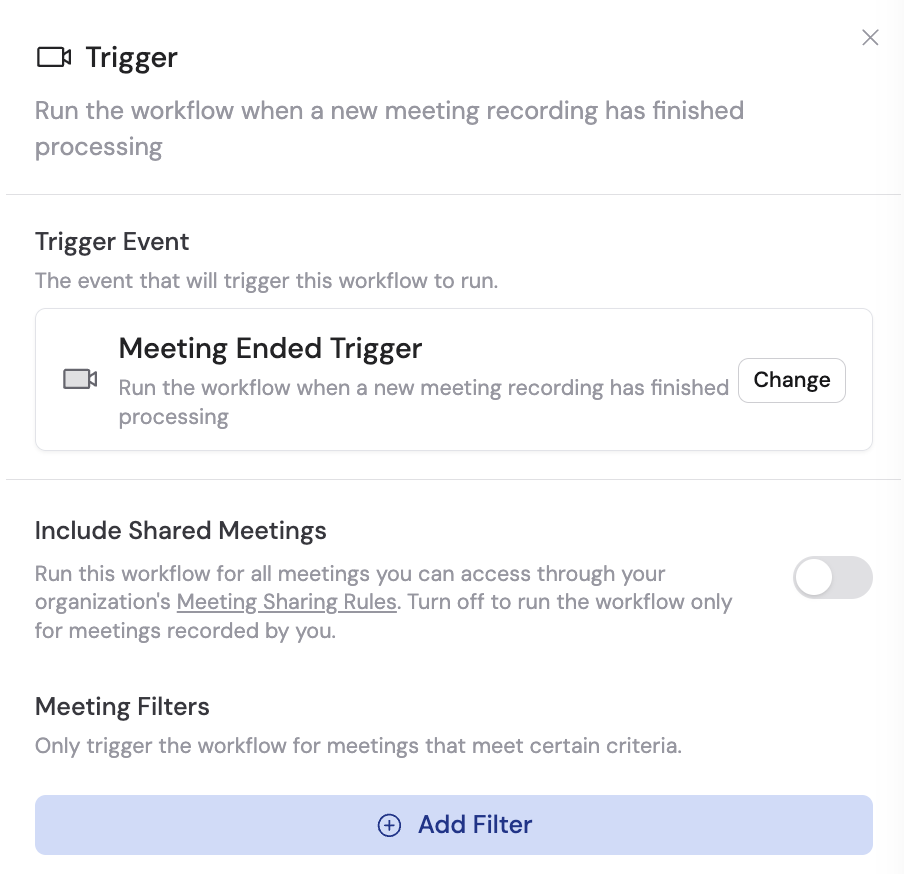 Trigger selection panel showing the Meeting Ended option