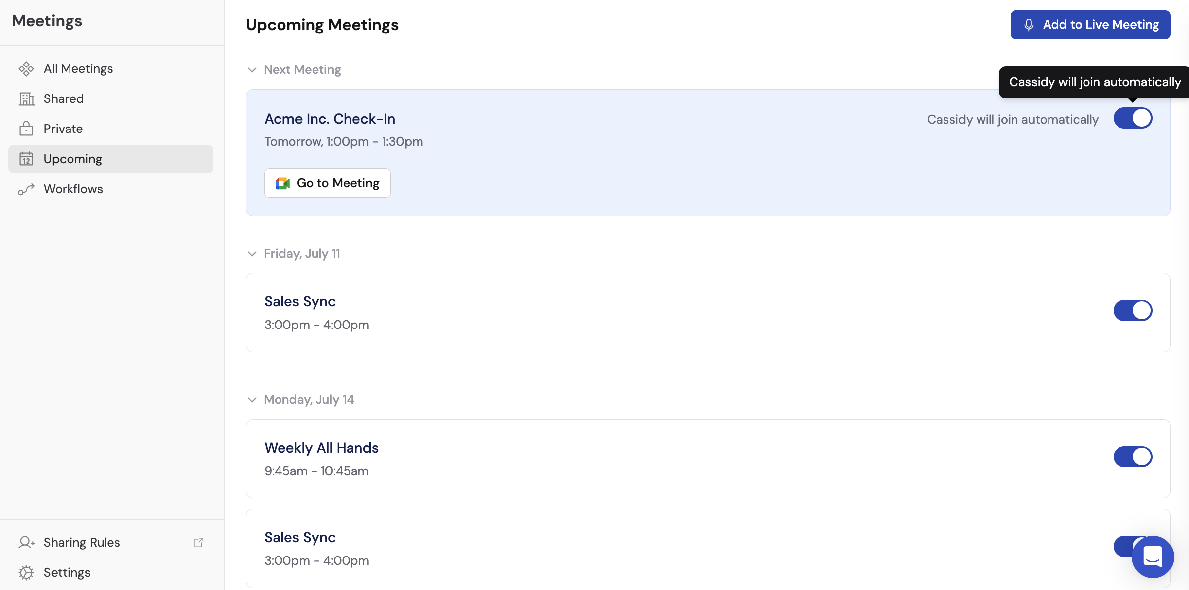 Upcoming meetings tab showing toggle switches for auto-join on individual meetings
