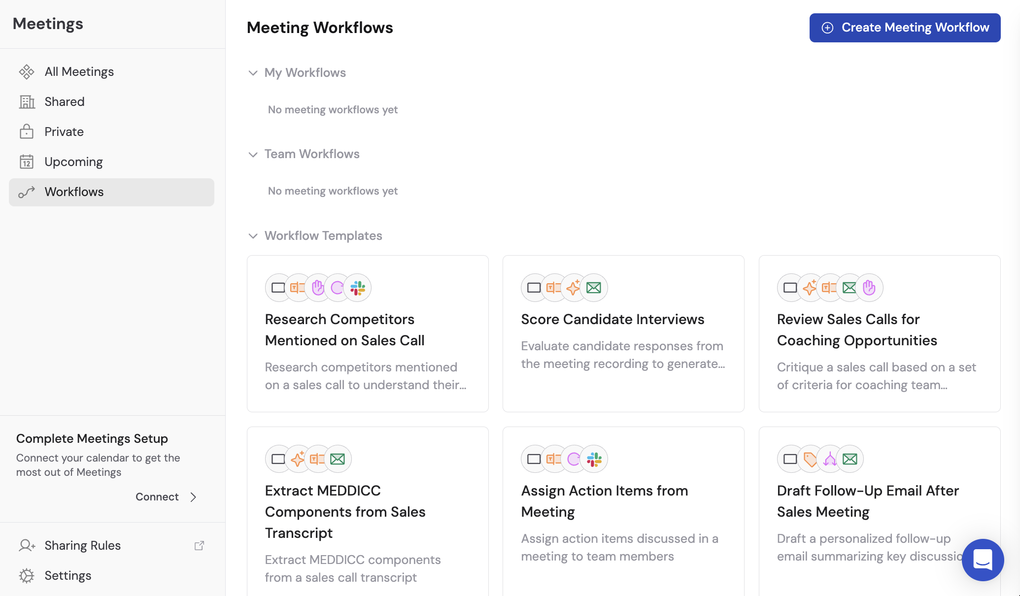 Meetings page with the Workflows tab selected
