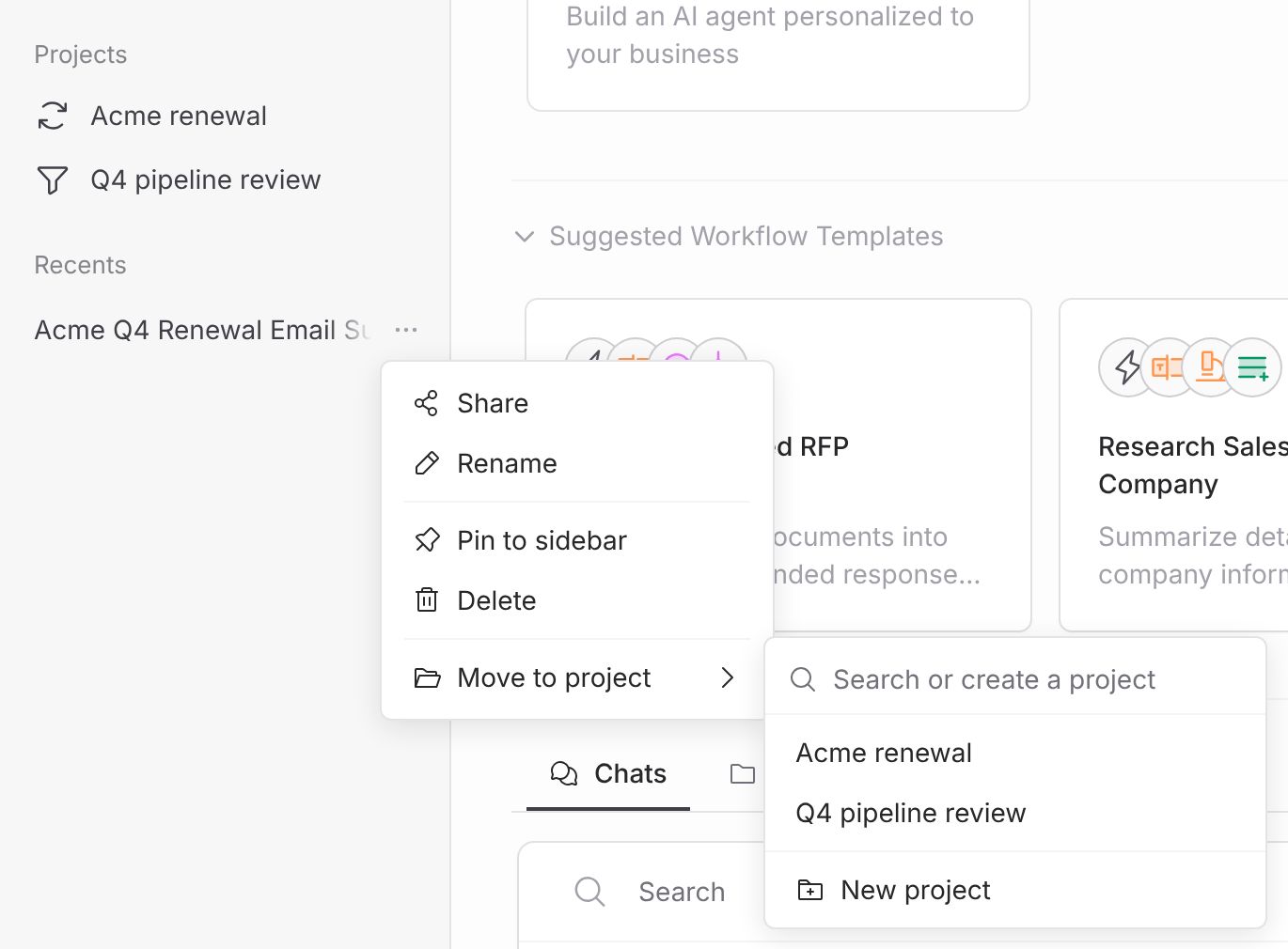 Chat menu in the sidebar with Move to project open and a list of projects to choose from