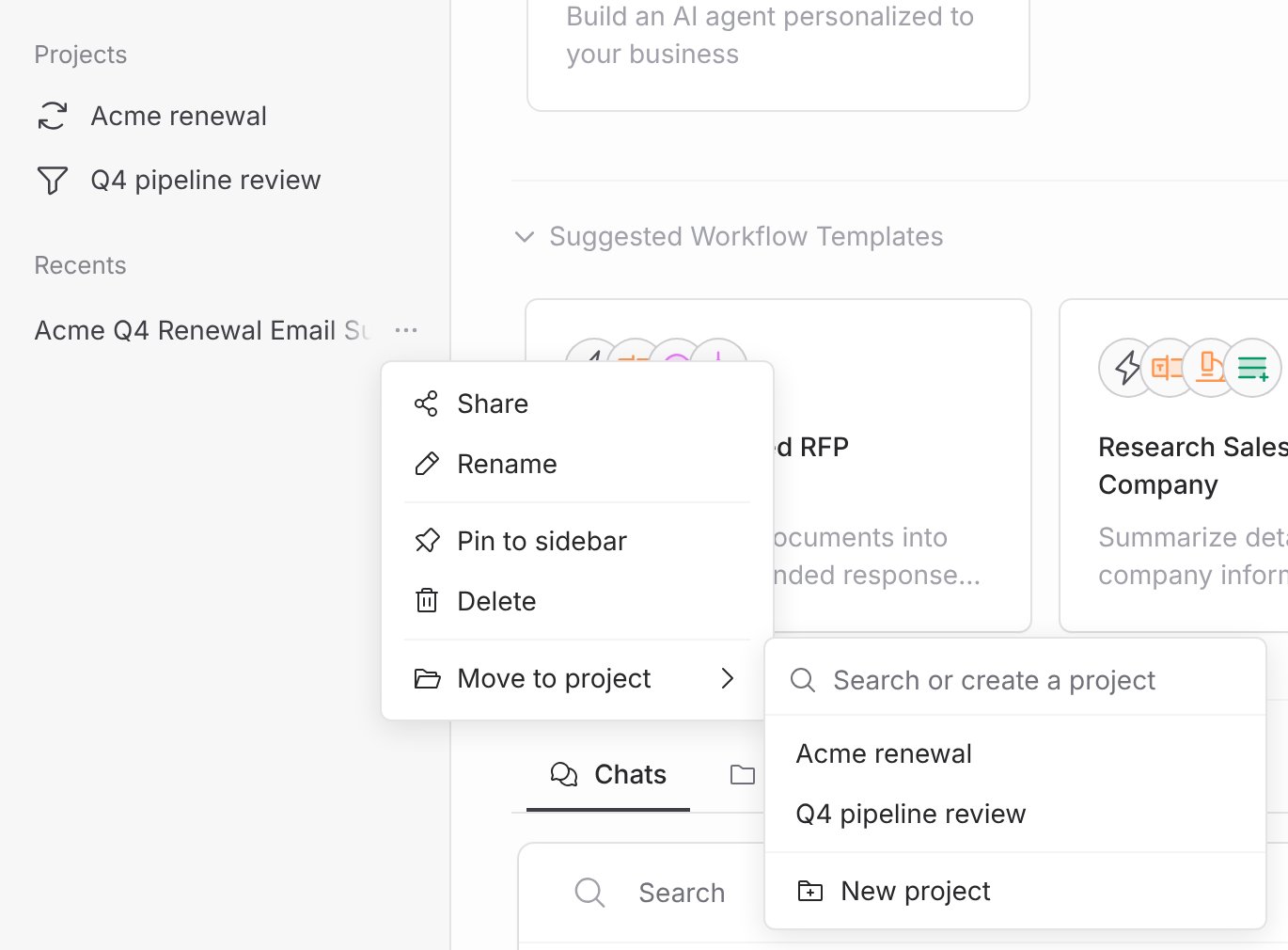 Chat menu in the sidebar with Move to project open and a list of projects to choose from