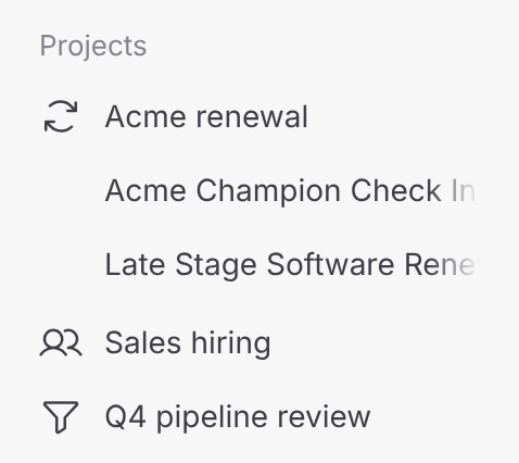 Sidebar Projects section listing three projects with icons, with one project expanded to show its chats