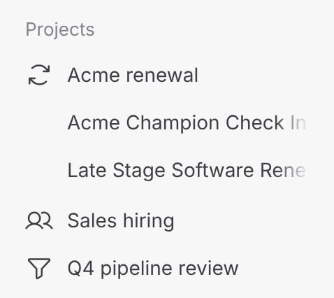Sidebar Projects section listing three projects with icons, with one project expanded to show its chats