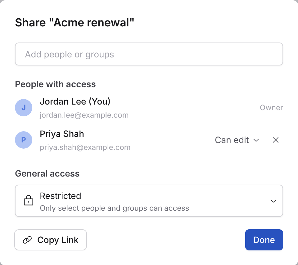 Share dialog for the Acme renewal project with a teammate added and the View or Edit access options