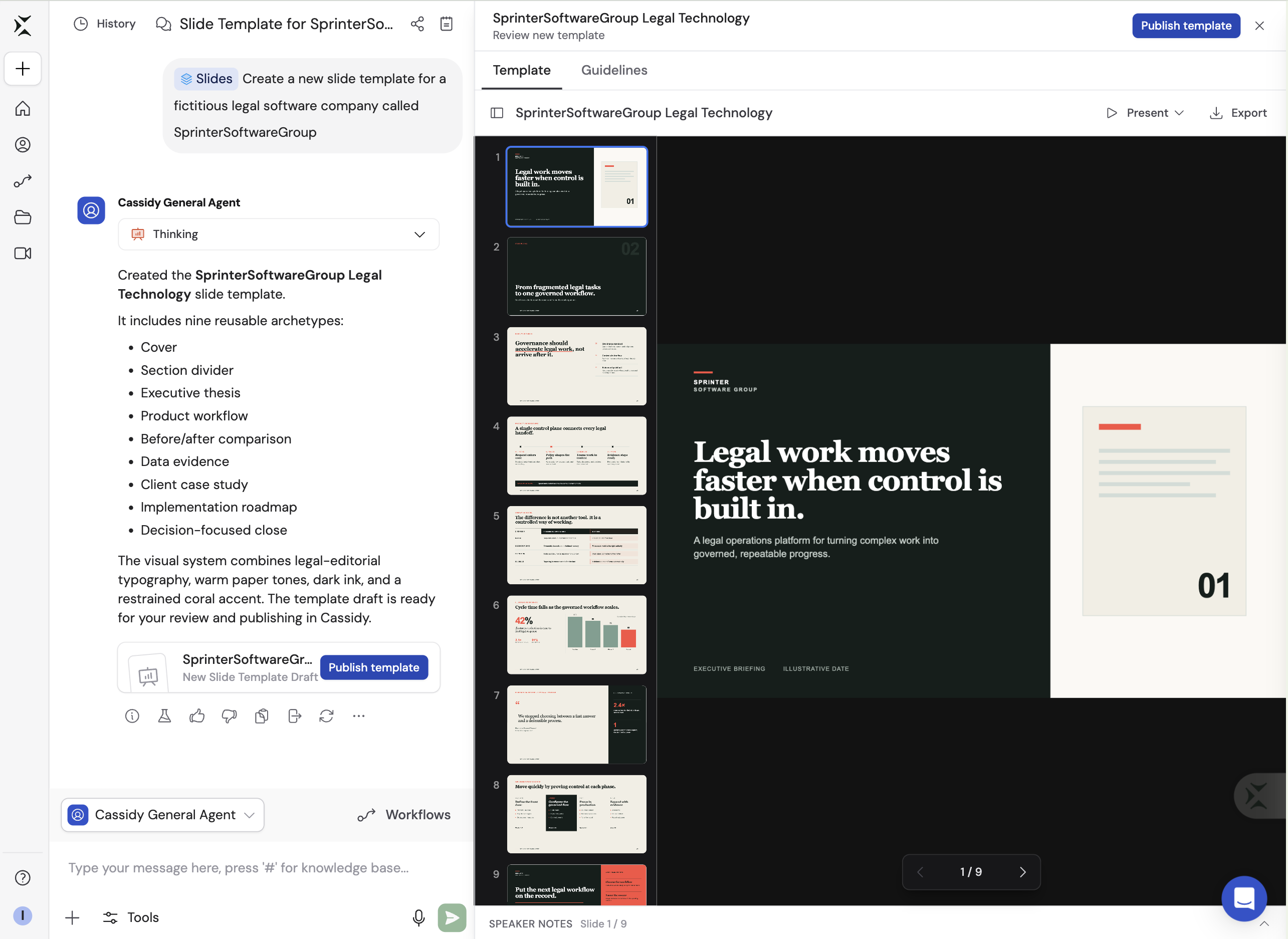 New Slide Template Draft open beside Chat with slide thumbnails, a deck preview, and the Publish template button