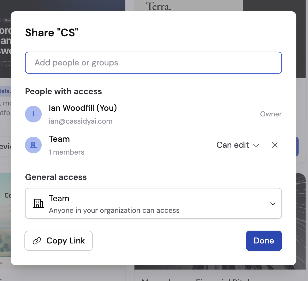 Slide template folder sharing dialog showing organization, user, and group access controls