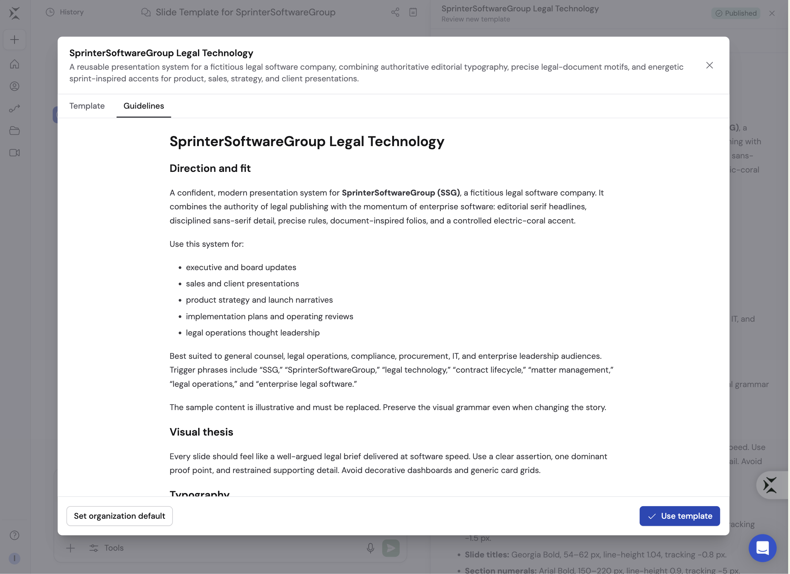 Slide template Guidelines tab showing written direction, intended uses, and visual design guidance