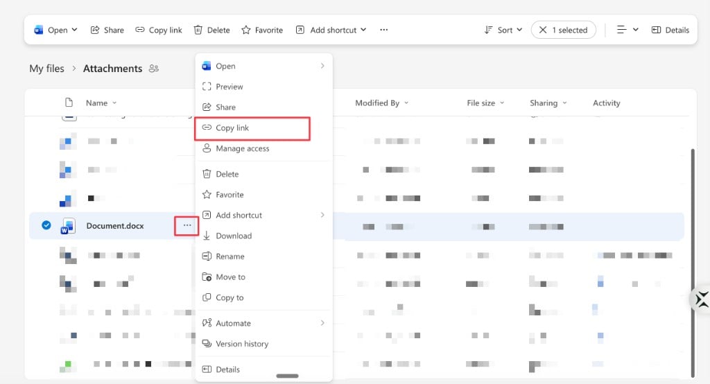 OneDrive showing the Copy link option in the file actions menu