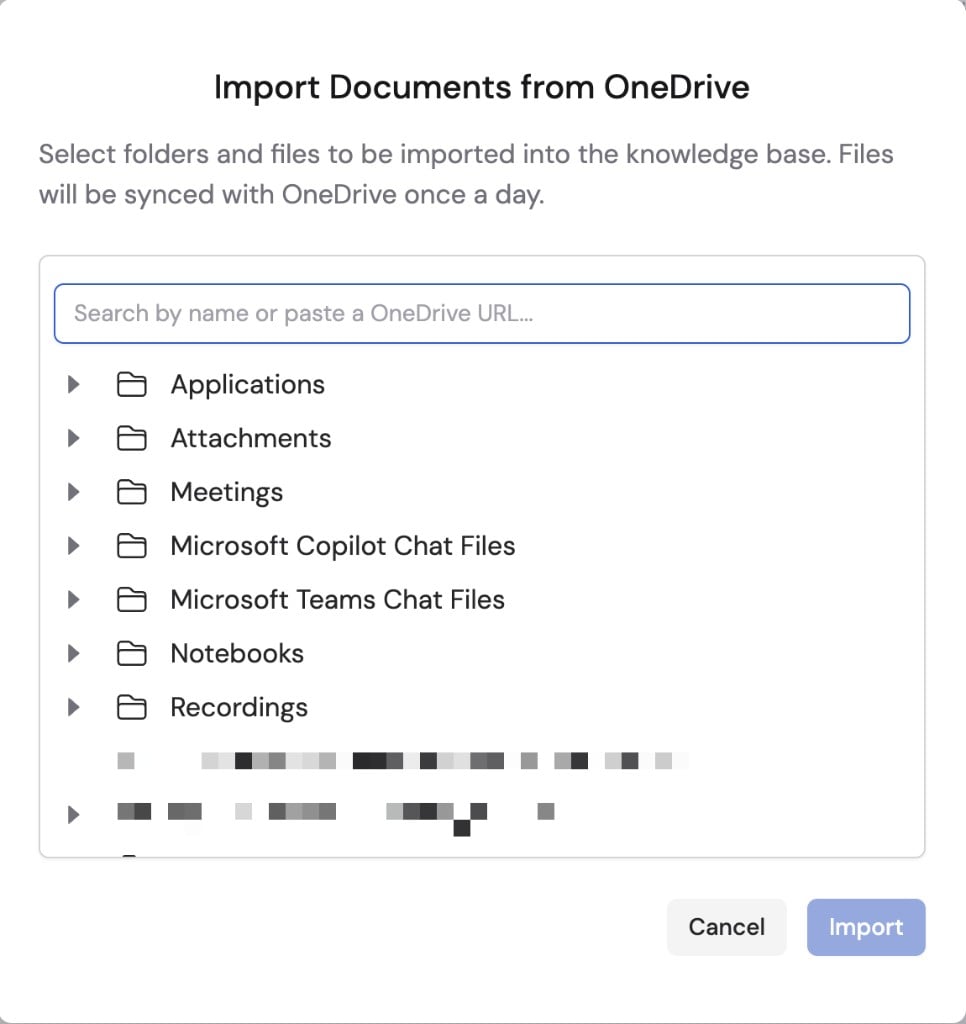 Cassidy OneDrive import modal showing folders and the search bar