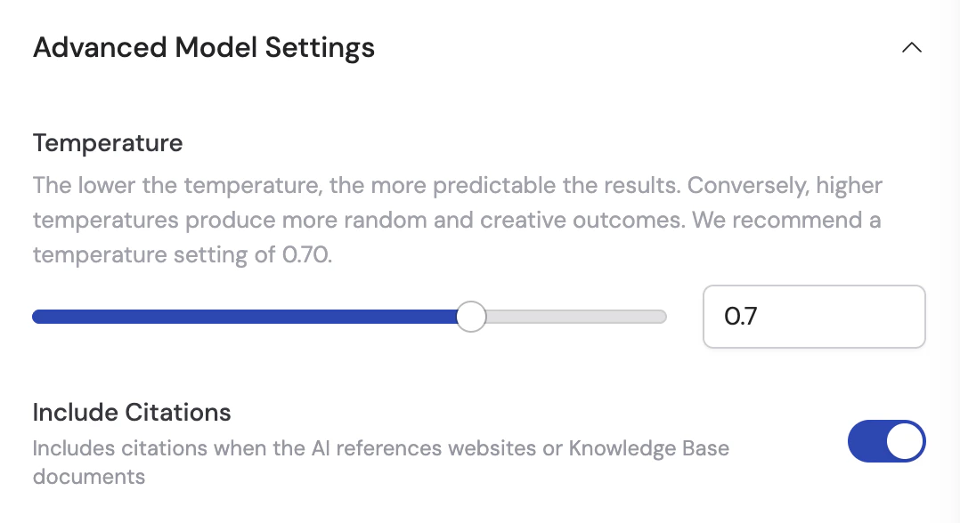 Advanced Model Settings panel with temperature and citations