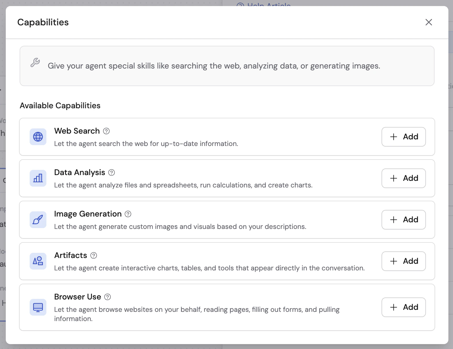 Capabilities modal with Data Analysis available to add