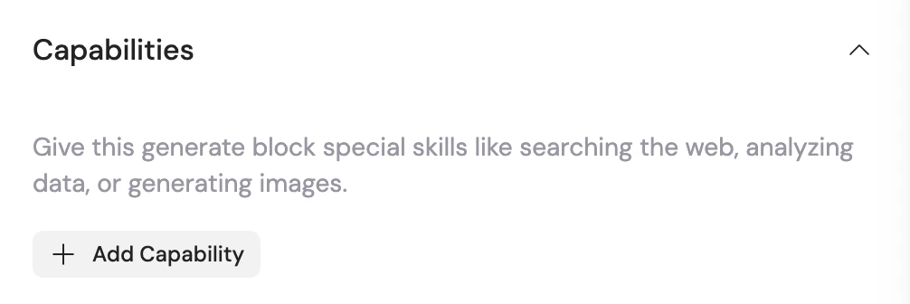 Capabilities section on a Generate Text Workflow action with the Add Capability button