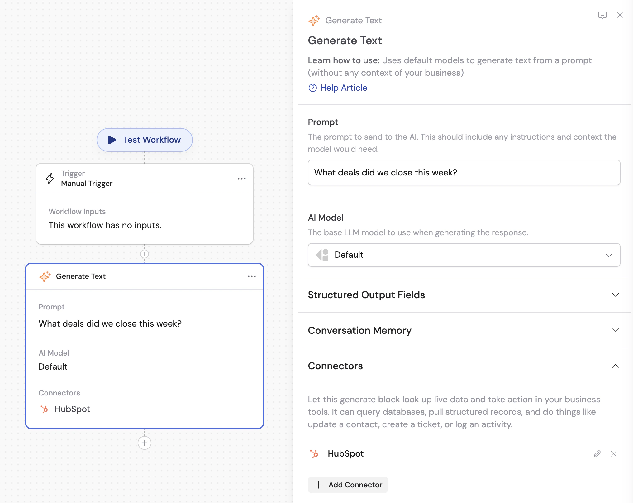 Connectors section on the Generate Text action with HubSpot added