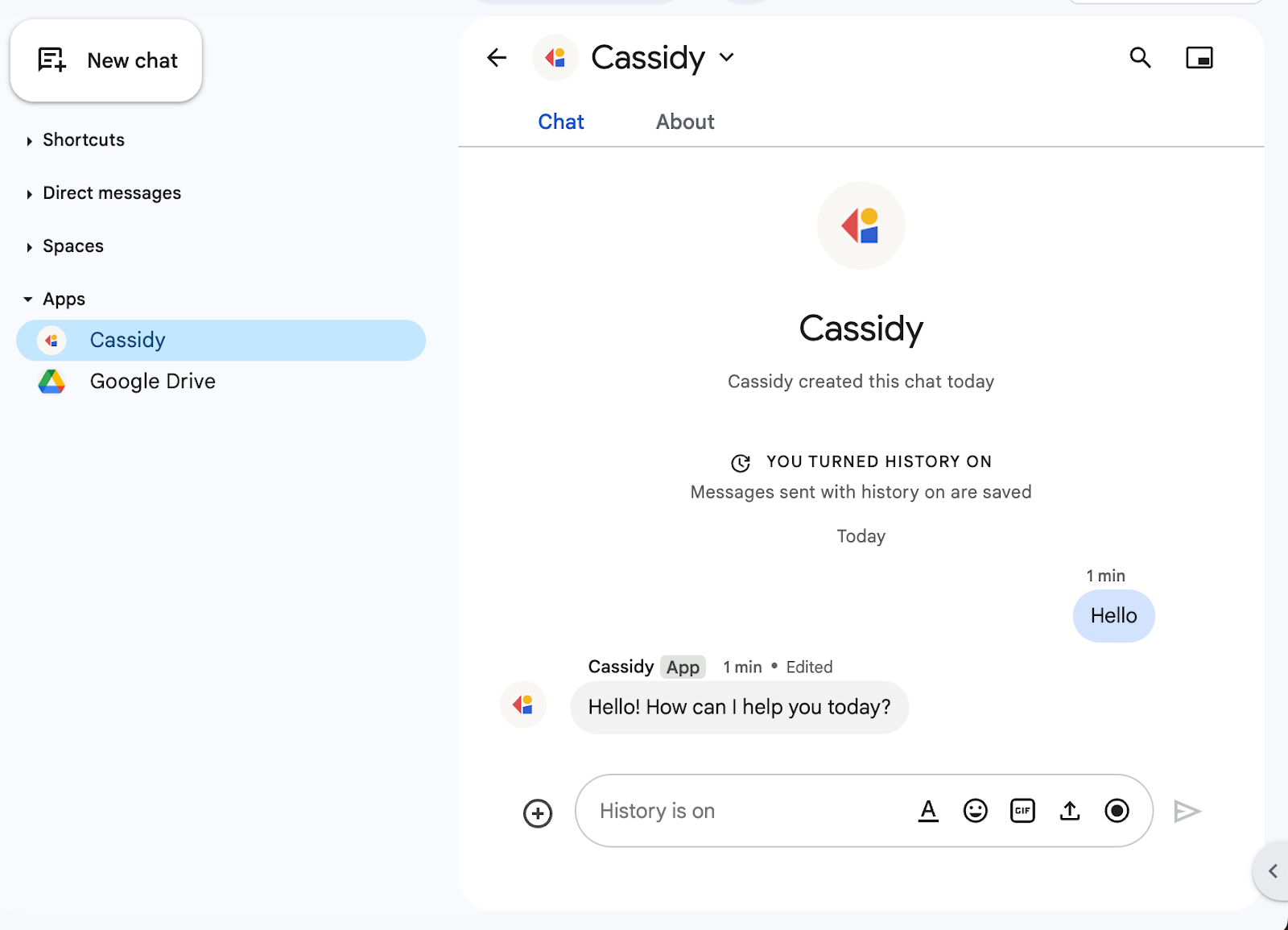 Google Chat conversation showing the Agent responding to a test message