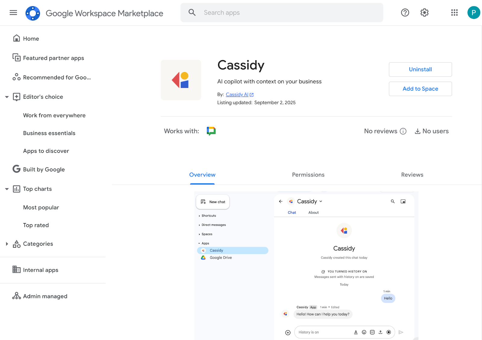 Google Workspace Marketplace showing the published Cassidy Agent as an internal app